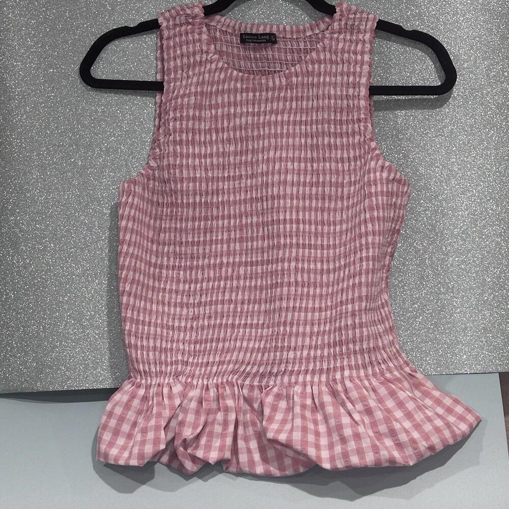 Emerson Lang Pink Gingham Peplum Top